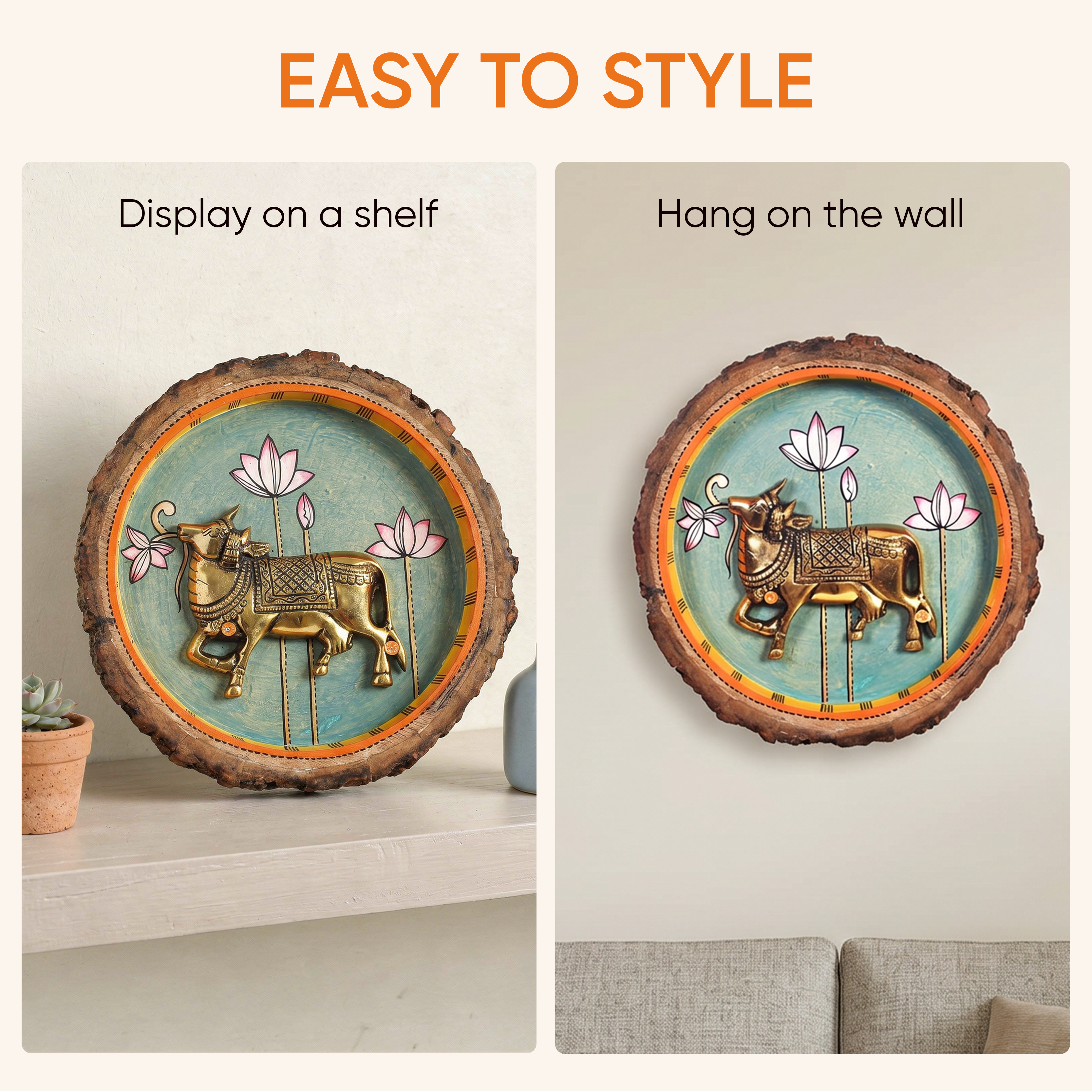 Nandi Wall Art, Handcrafted Wooden Decor with Sacred Bull and Lotus Motif for Devotion, Strength and Serenity