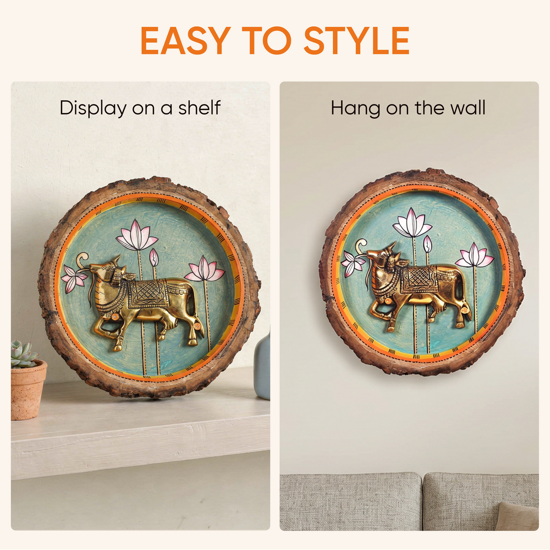 Nandi Wall Art, Handcrafted Wooden Decor with Sacred Bull and Lotus Motif for Devotion, Strength and Serenity