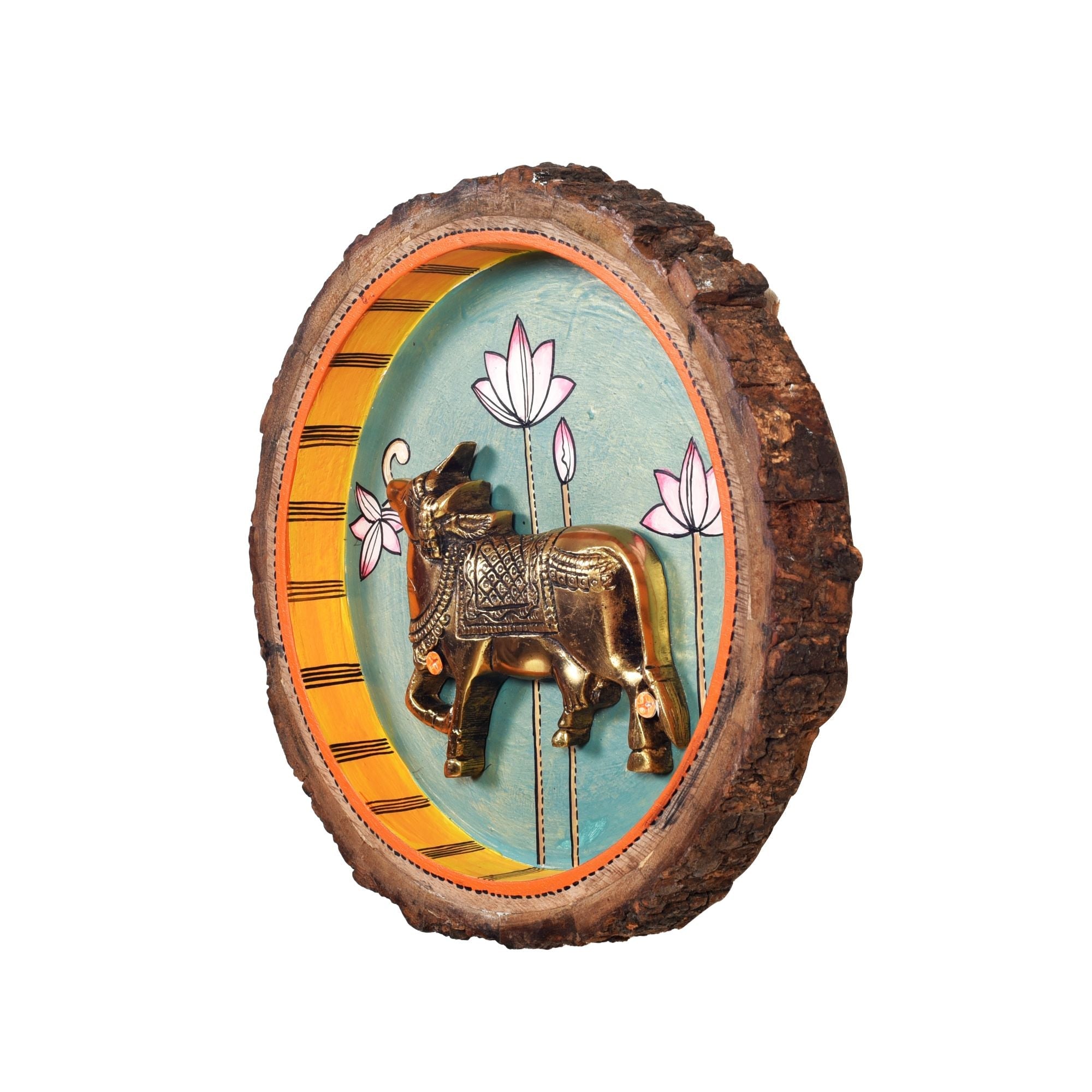 Nandi Wall Art, Handcrafted Wooden Decor with Sacred Bull and Lotus Motif for Devotion, Strength and Serenity