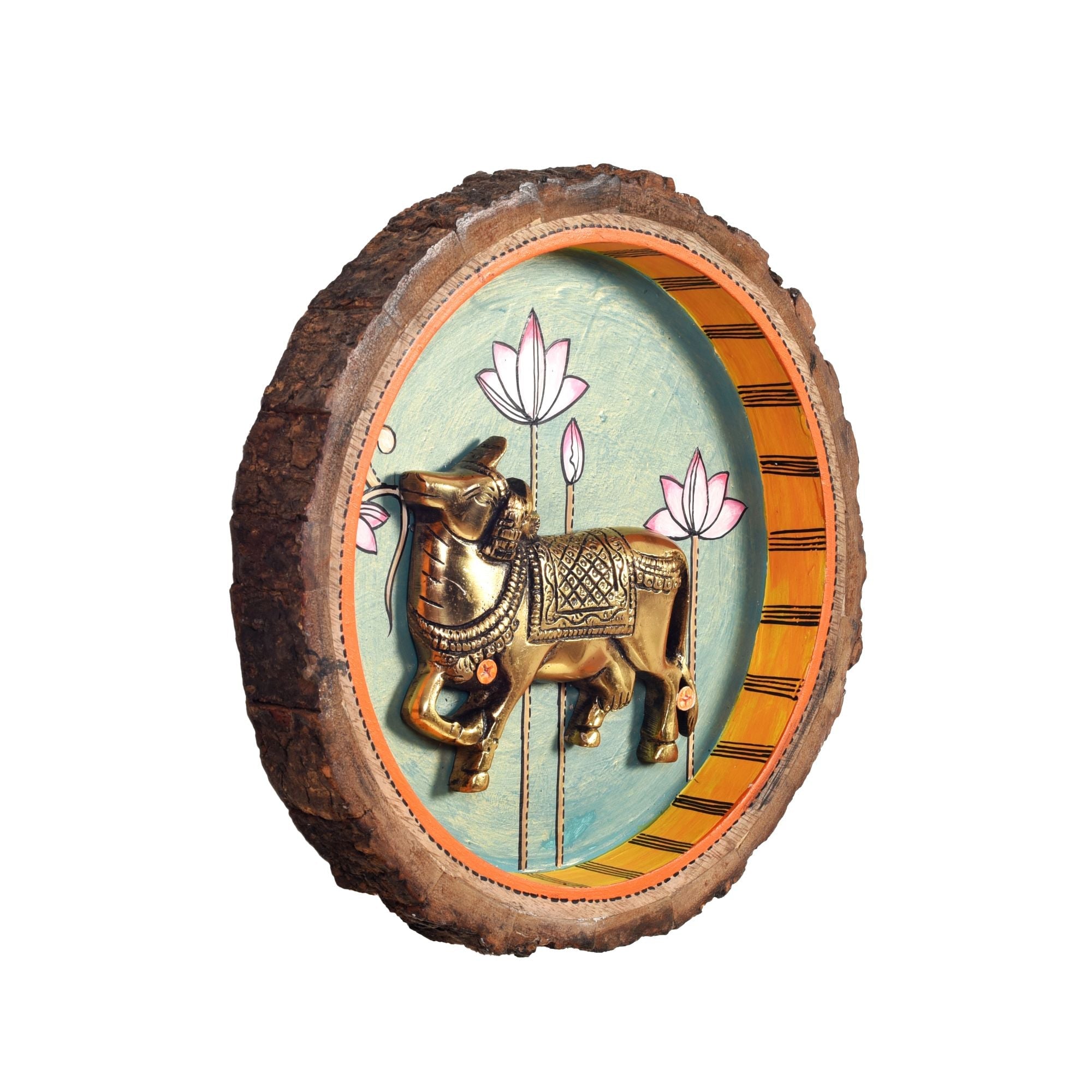 Nandi Wall Art, Handcrafted Wooden Decor with Sacred Bull and Lotus Motif for Devotion, Strength and Serenity