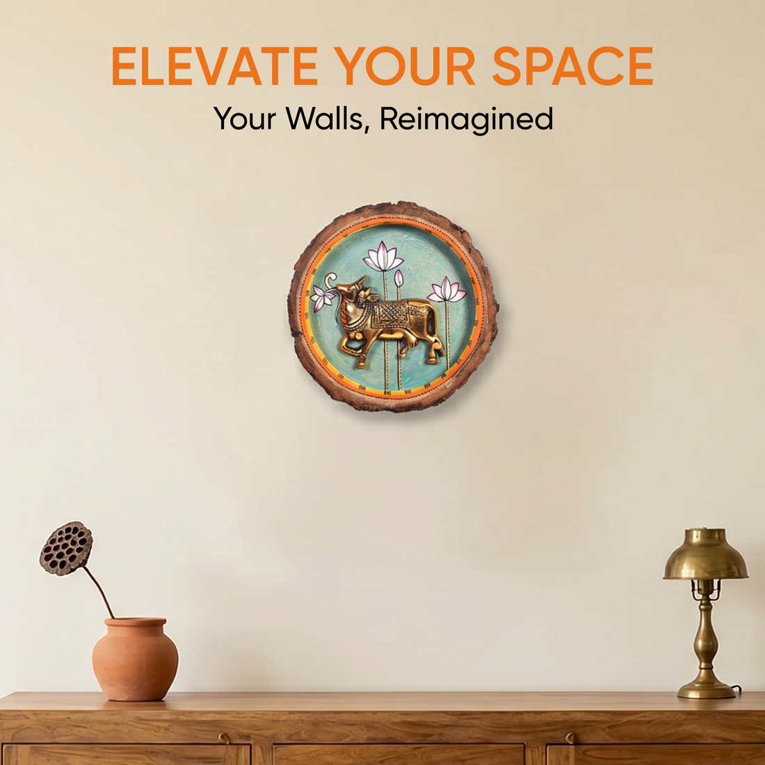 Nandi Wall Art, Handcrafted Wooden Decor with Sacred Bull and Lotus Motif for Devotion, Strength and Serenity