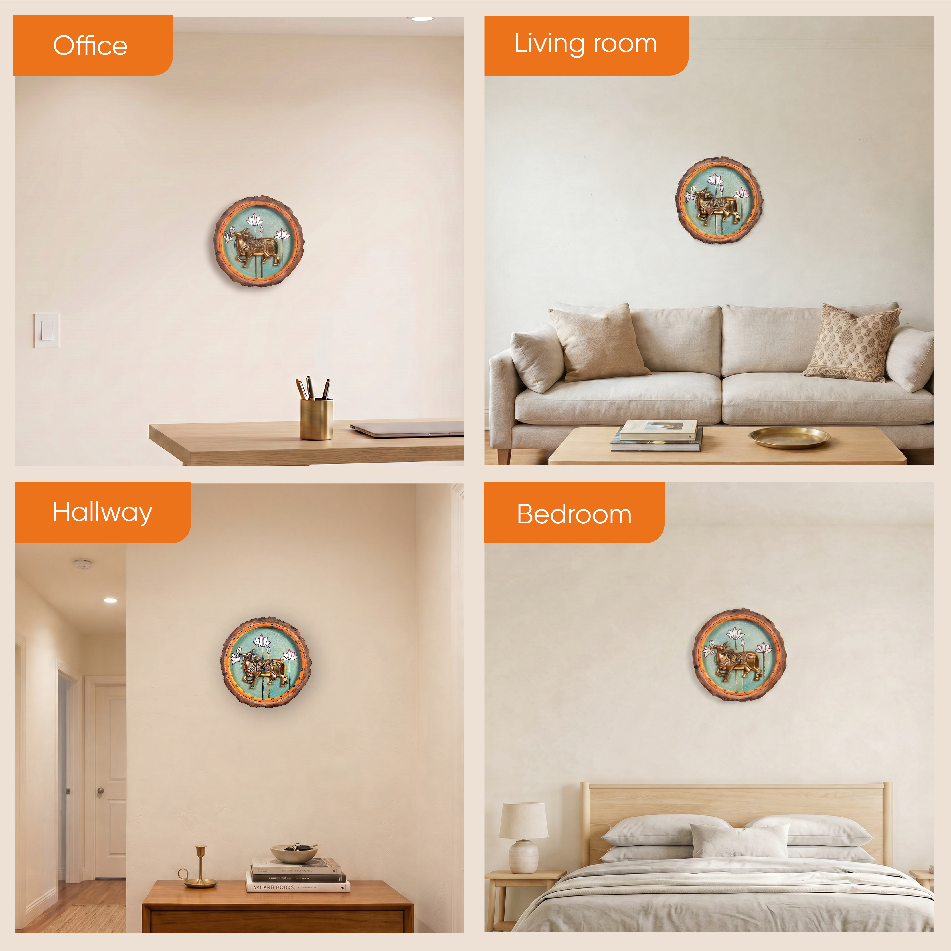 Nandi Wall Art, Handcrafted Wooden Decor with Sacred Bull and Lotus Motif for Devotion, Strength and Serenity