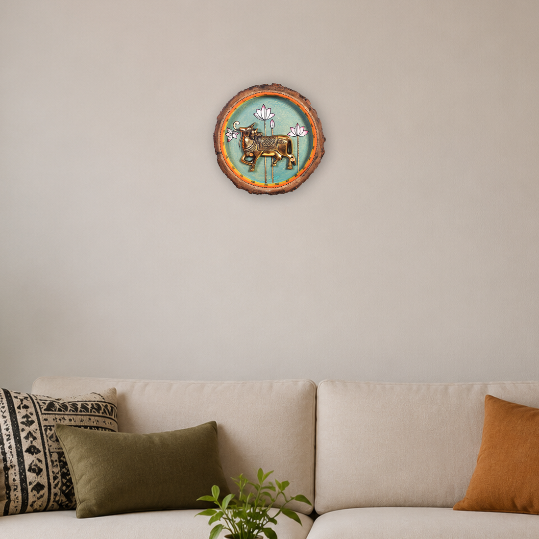 Nandi Wall Art, Handcrafted Wooden Decor with Sacred Bull and Lotus Motif for Devotion, Strength and Serenity