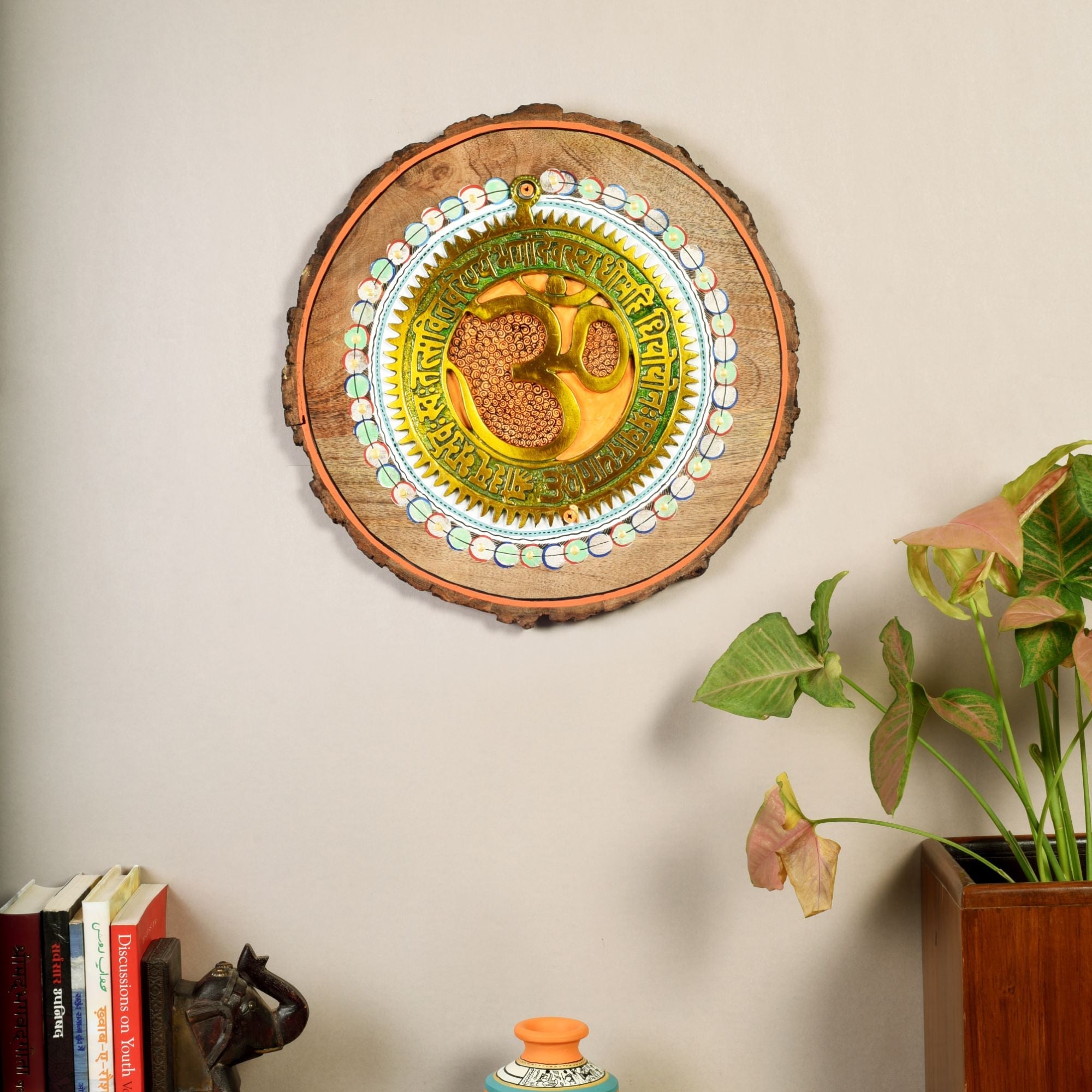 Prashanti Om Wall Plate, Handcrafted Circular Wooden Decor with Sanskrit Mantras and Om Symbol for Tranquility and Energy