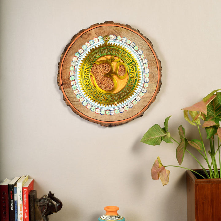 Prashanti Om Wall Plate, Handcrafted Circular Wooden Decor with Sanskrit Mantras and Om Symbol for Tranquility and Energy