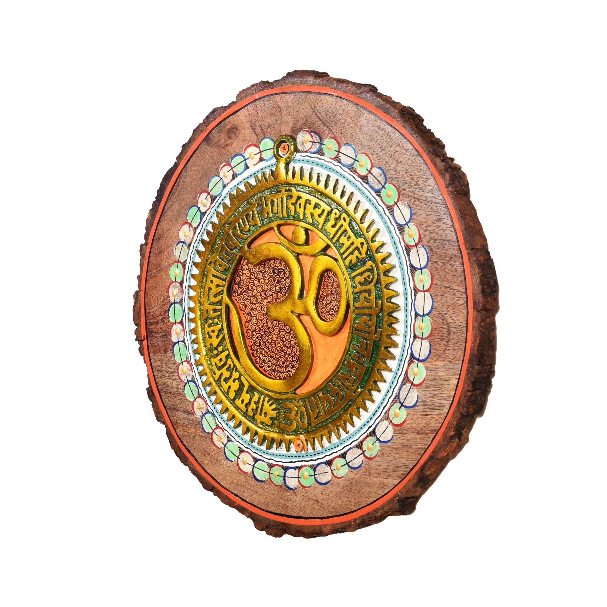 Prashanti Om Wall Plate, Handcrafted Circular Wooden Decor with Sanskrit Mantras and Om Symbol for Tranquility and Energy