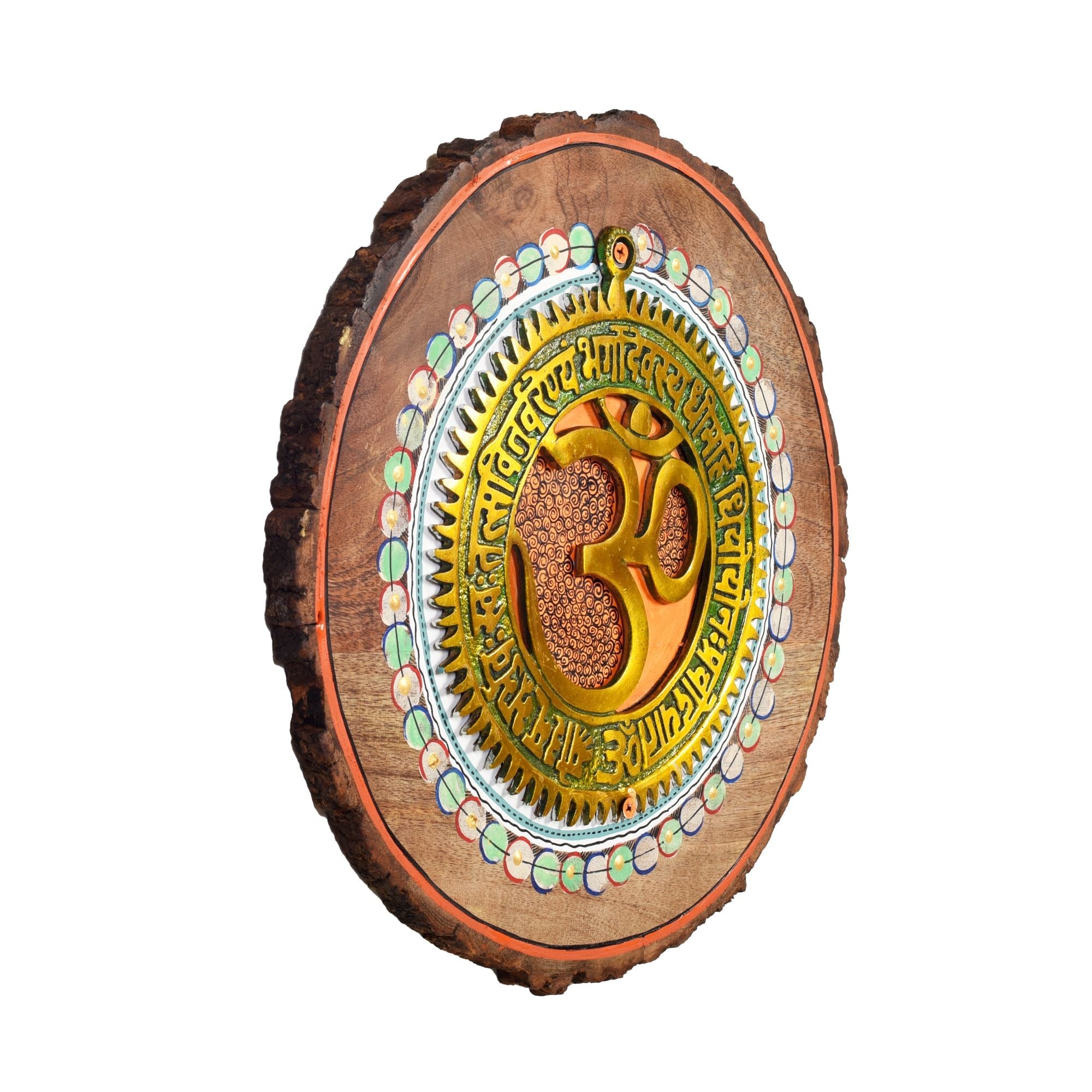 Prashanti Om Wall Plate, Handcrafted Circular Wooden Decor with Sanskrit Mantras and Om Symbol for Tranquility and Energy