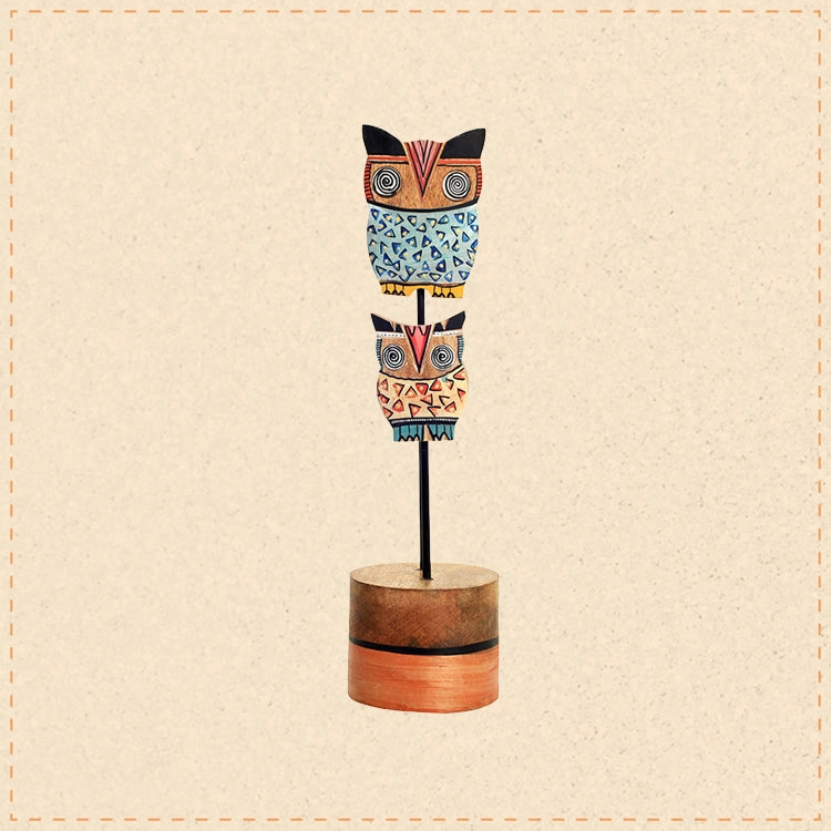 Hedwig & Hermes Hand Painted Wooden Owl Tabledecor, Dual Owl Sculpture on Wooden Base for Rustic and Artistic Homedecor