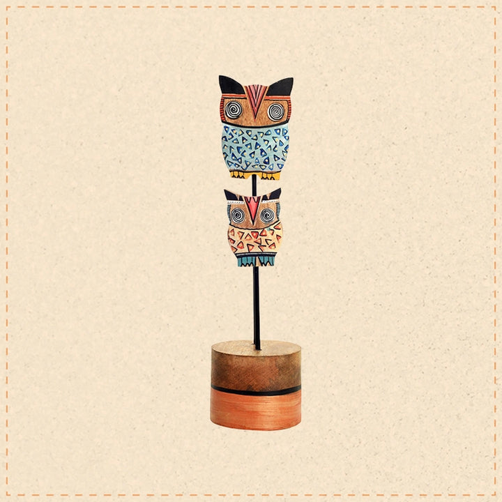Hedwig & Hermes Hand Painted Wooden Owl Tabledecor, Dual Owl Sculpture on Wooden Base for Rustic and Artistic Homedecor