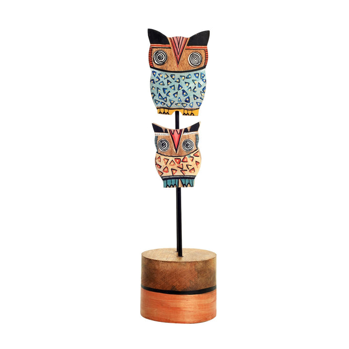 Hedwig & Hermes Hand Painted Wooden Owl Tabledecor, Dual Owl Sculpture on Wooden Base for Rustic and Artistic Homedecor