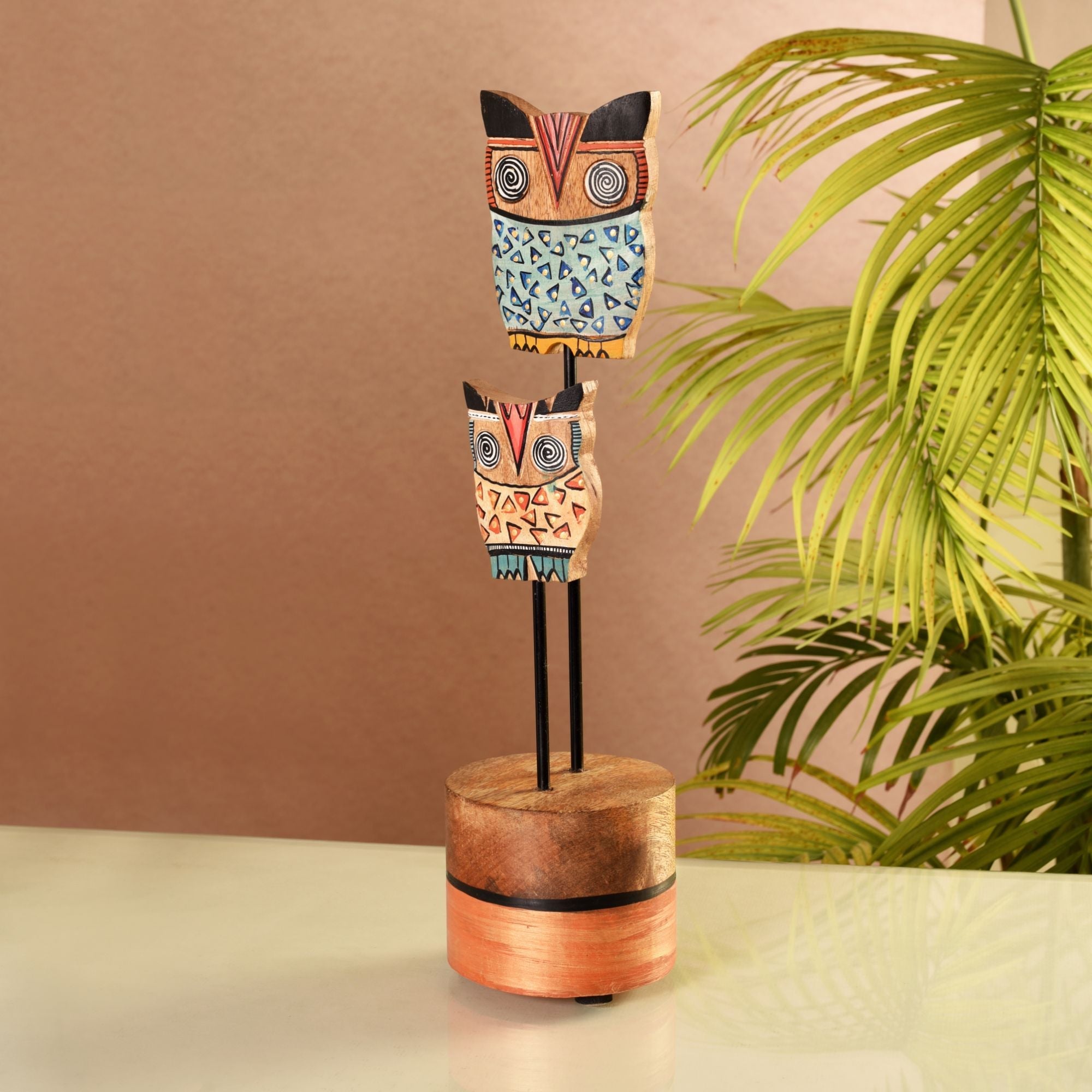 Hedwig & Hermes Hand Painted Wooden Owl Tabledecor, Dual Owl Sculpture on Wooden Base for Rustic and Artistic Homedecor
