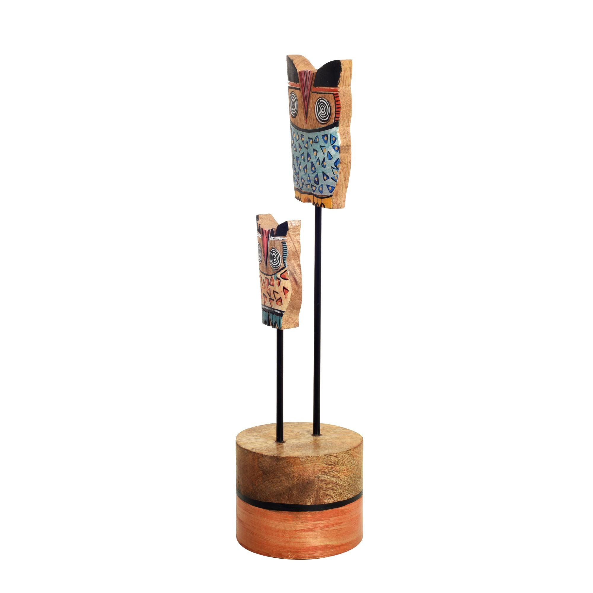 Hedwig & Hermes Hand Painted Wooden Owl Tabledecor, Dual Owl Sculpture on Wooden Base for Rustic and Artistic Homedecor