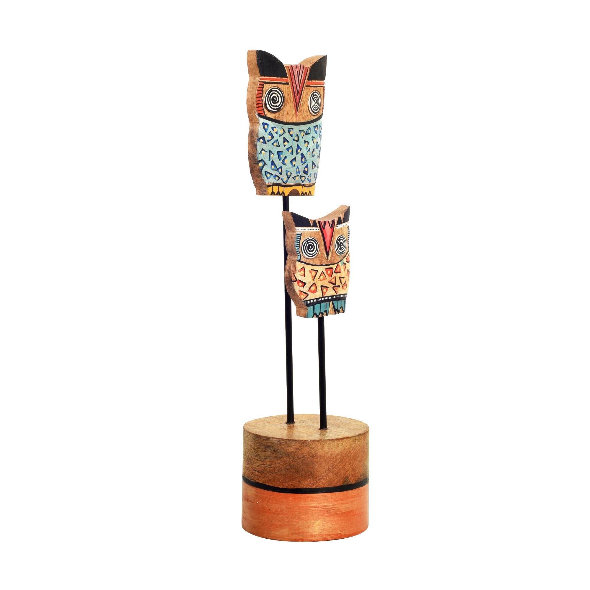 Hedwig & Hermes Hand Painted Wooden Owl Tabledecor, Dual Owl Sculpture on Wooden Base for Rustic and Artistic Homedecor