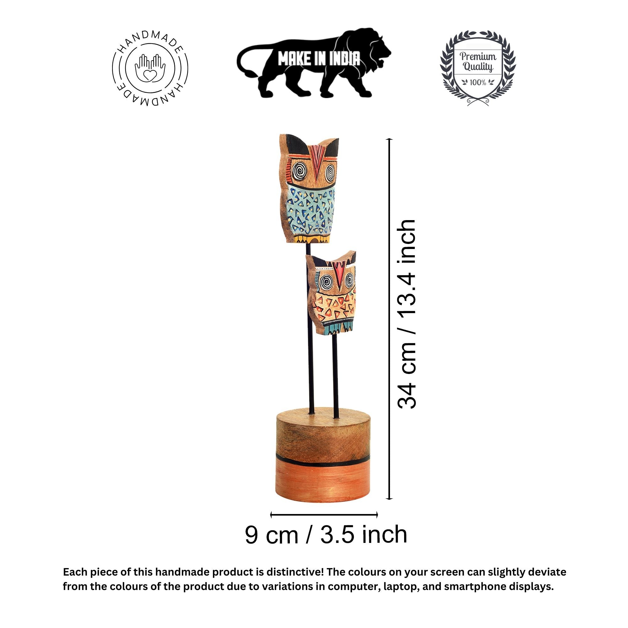 Hedwig & Hermes Hand Painted Wooden Owl Tabledecor, Dual Owl Sculpture on Wooden Base for Rustic and Artistic Homedecor