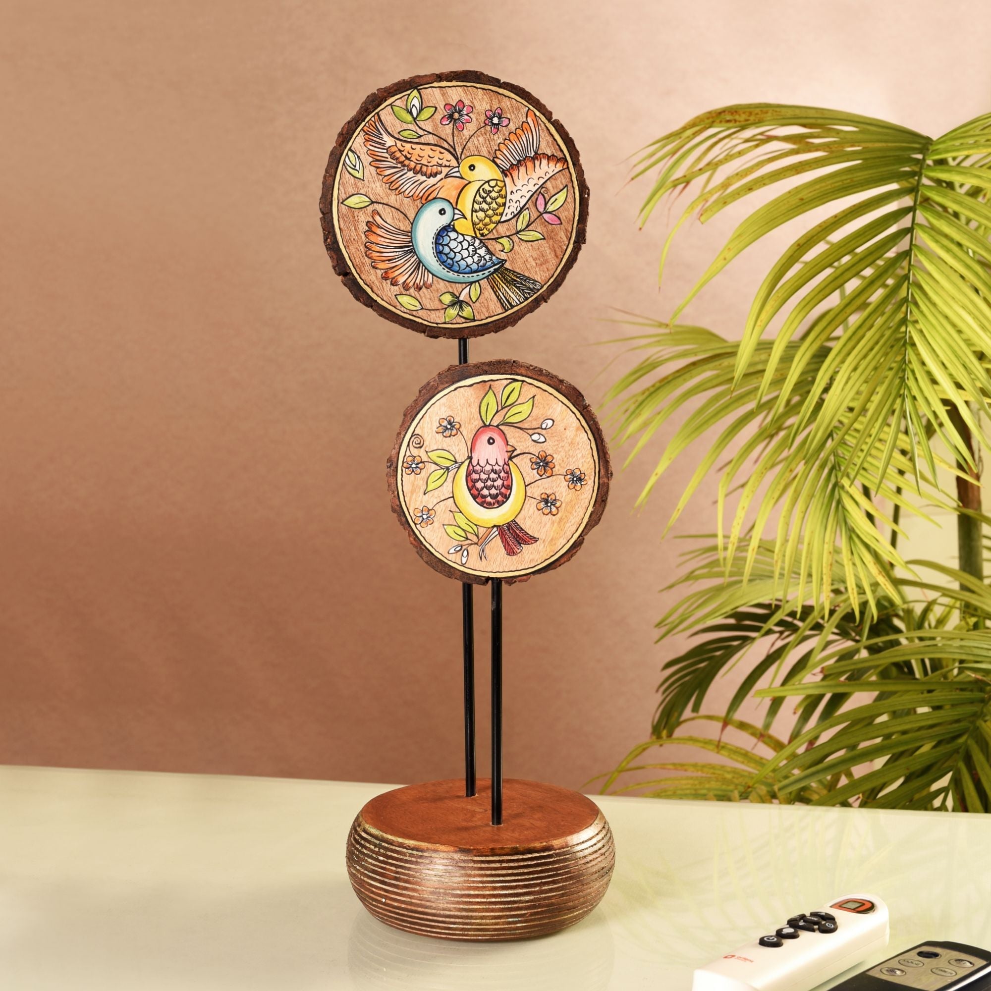 sunder-van-hand-painted-wooden-table-decor-dual-bird-motif-on-natural-wood-slices-for-living-room-and-office-decor