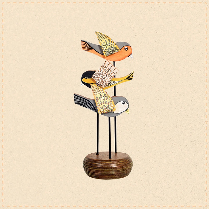 Fly-Wings Hand Painted Wooden Bird Tabledecor, Vertical 3D Bird Sculpture on Natural Base for Artistic Home and Officedecor