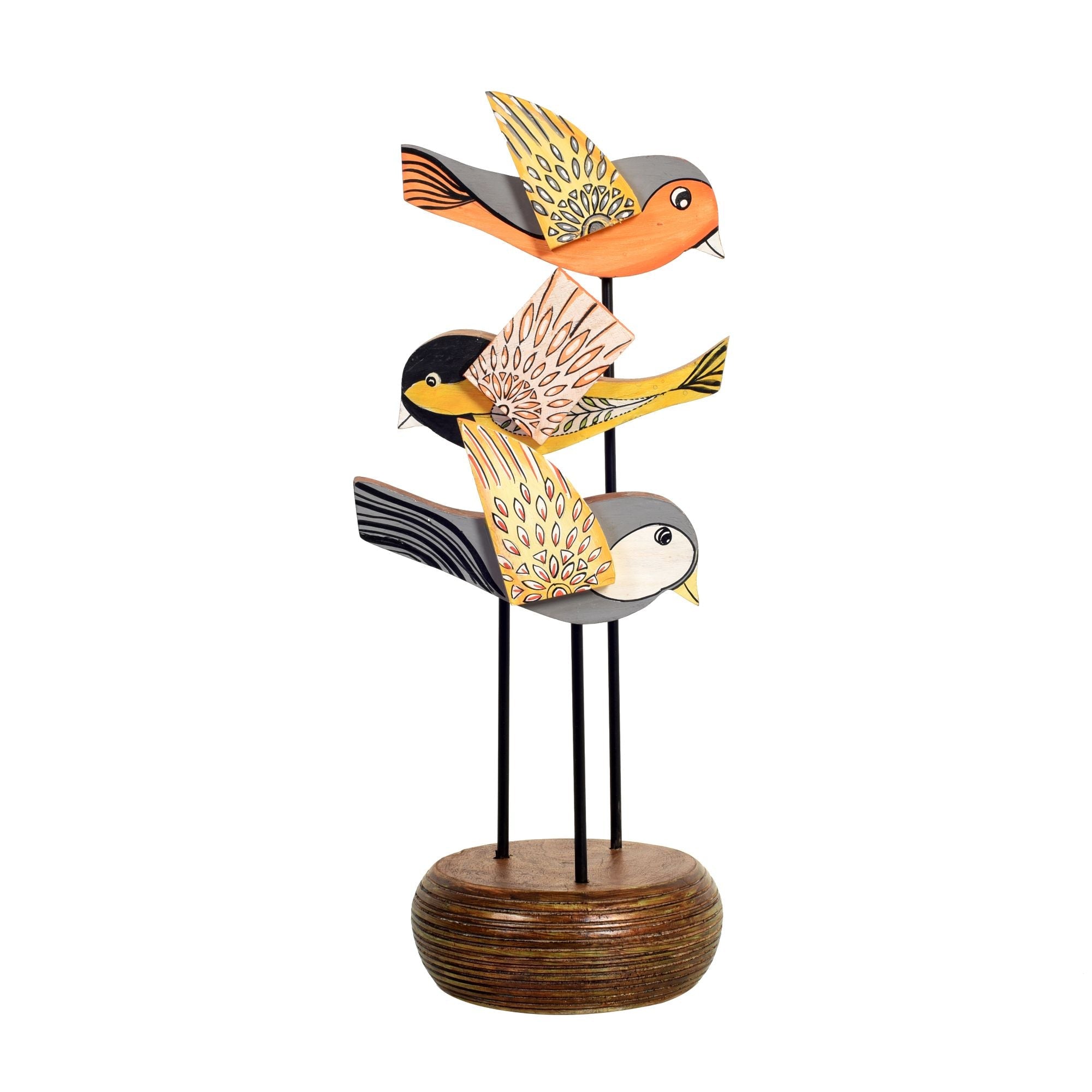 Fly-Wings Hand Painted Wooden Bird Tabledecor, Vertical 3D Bird Sculpture on Natural Base for Artistic Home and Officedecor