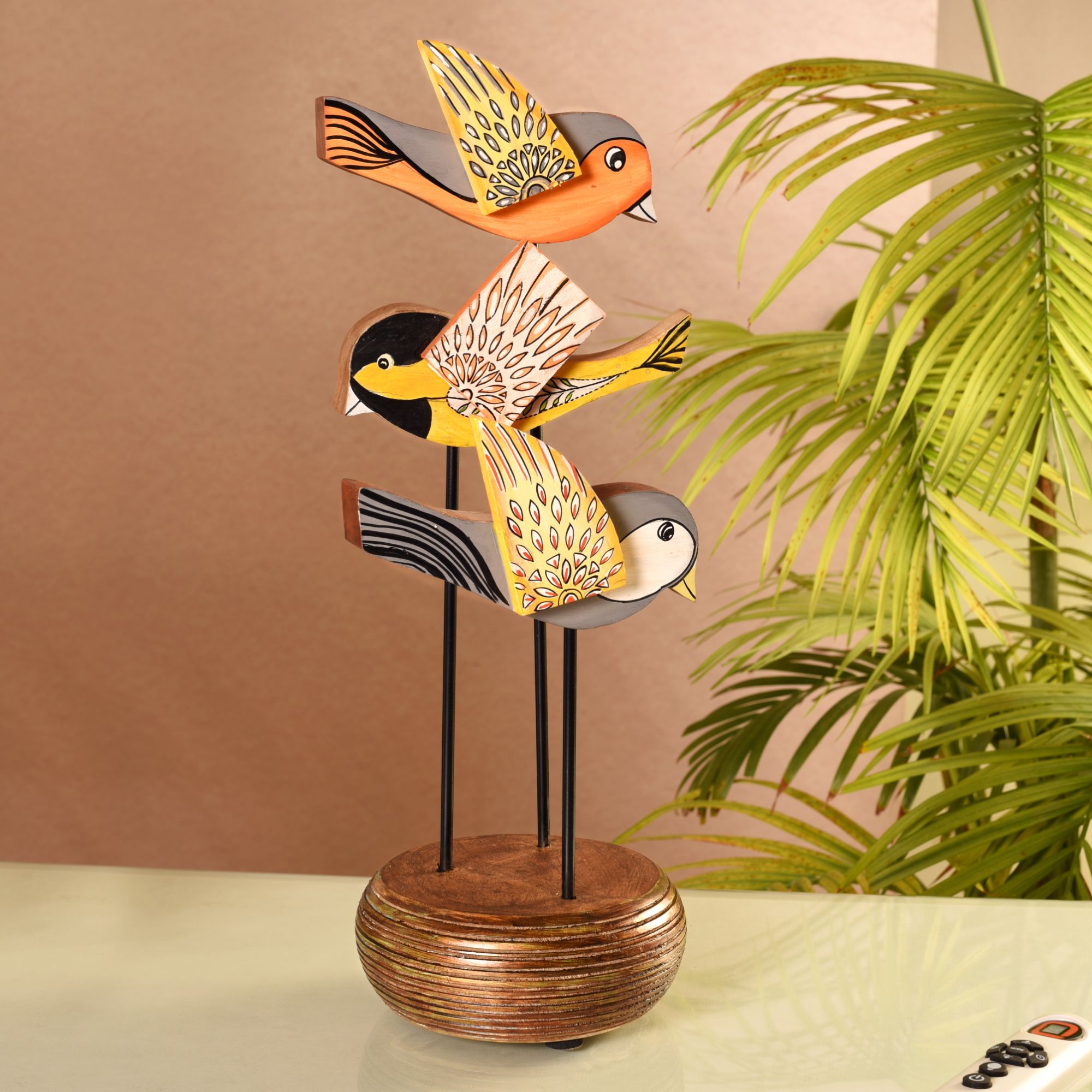 Fly-Wings Hand Painted Wooden Bird Tabledecor, Vertical 3D Bird Sculpture on Natural Base for Artistic Home and Officedecor