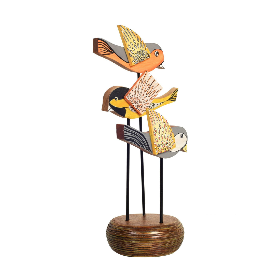 Fly-Wings Hand Painted Wooden Bird Tabledecor, Vertical 3D Bird Sculpture on Natural Base for Artistic Home and Officedecor