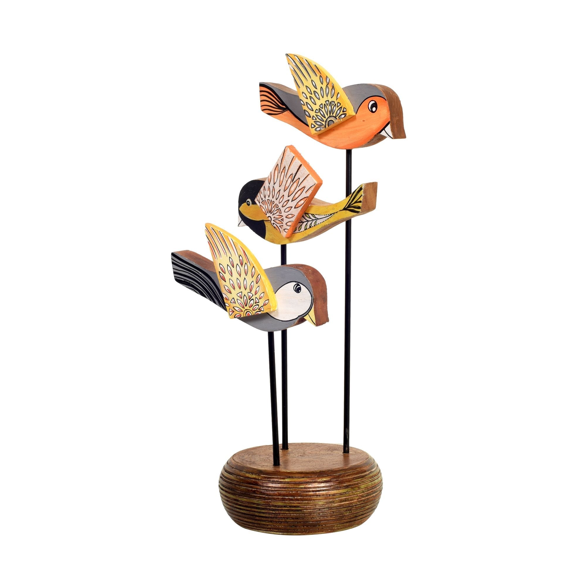 Fly-Wings Hand Painted Wooden Bird Tabledecor, Vertical 3D Bird Sculpture on Natural Base for Artistic Home and Officedecor