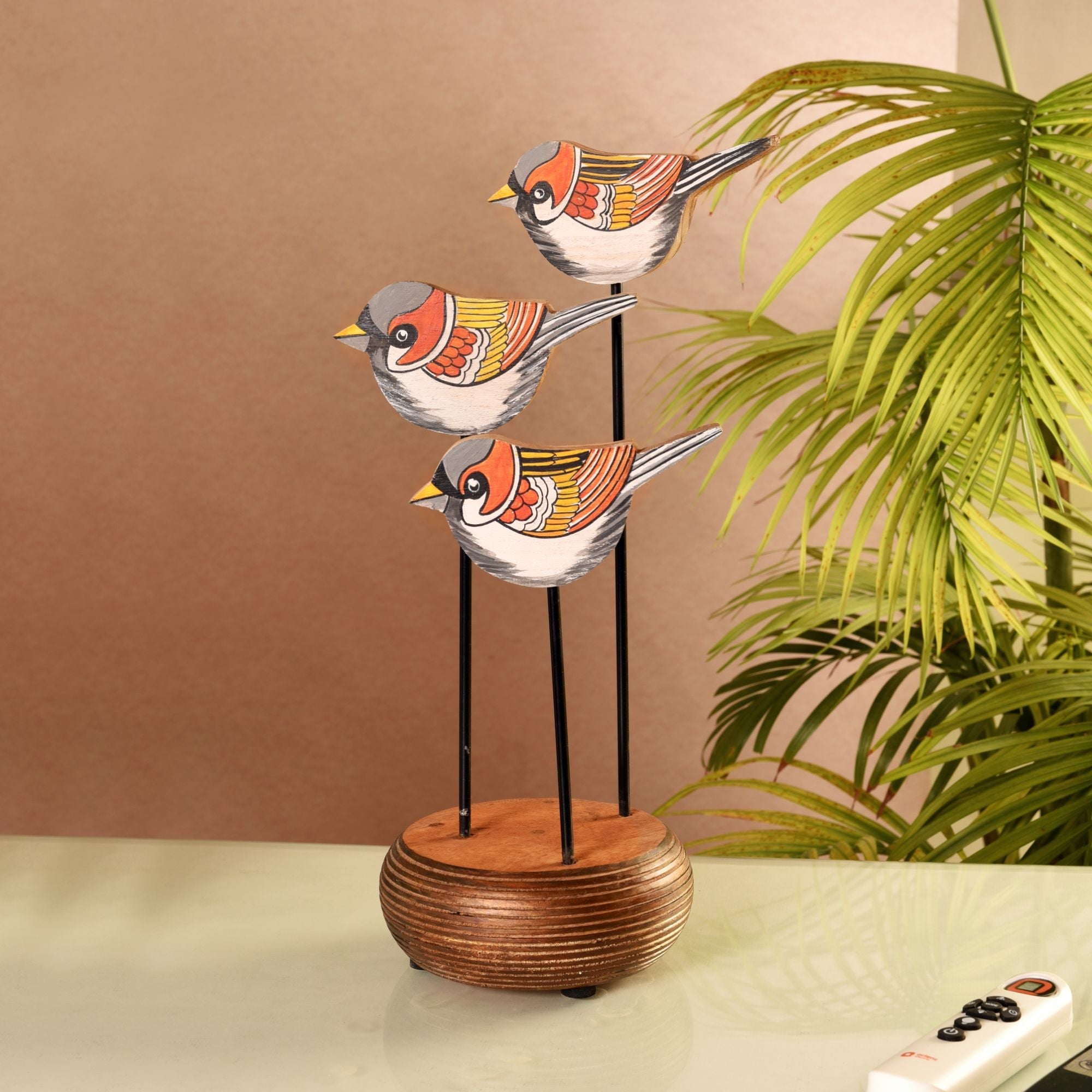 Bird-View Hand Painted Wooden Tabledecor, 3D Bird Sculpture on Wooden Base for Home and Officedecor