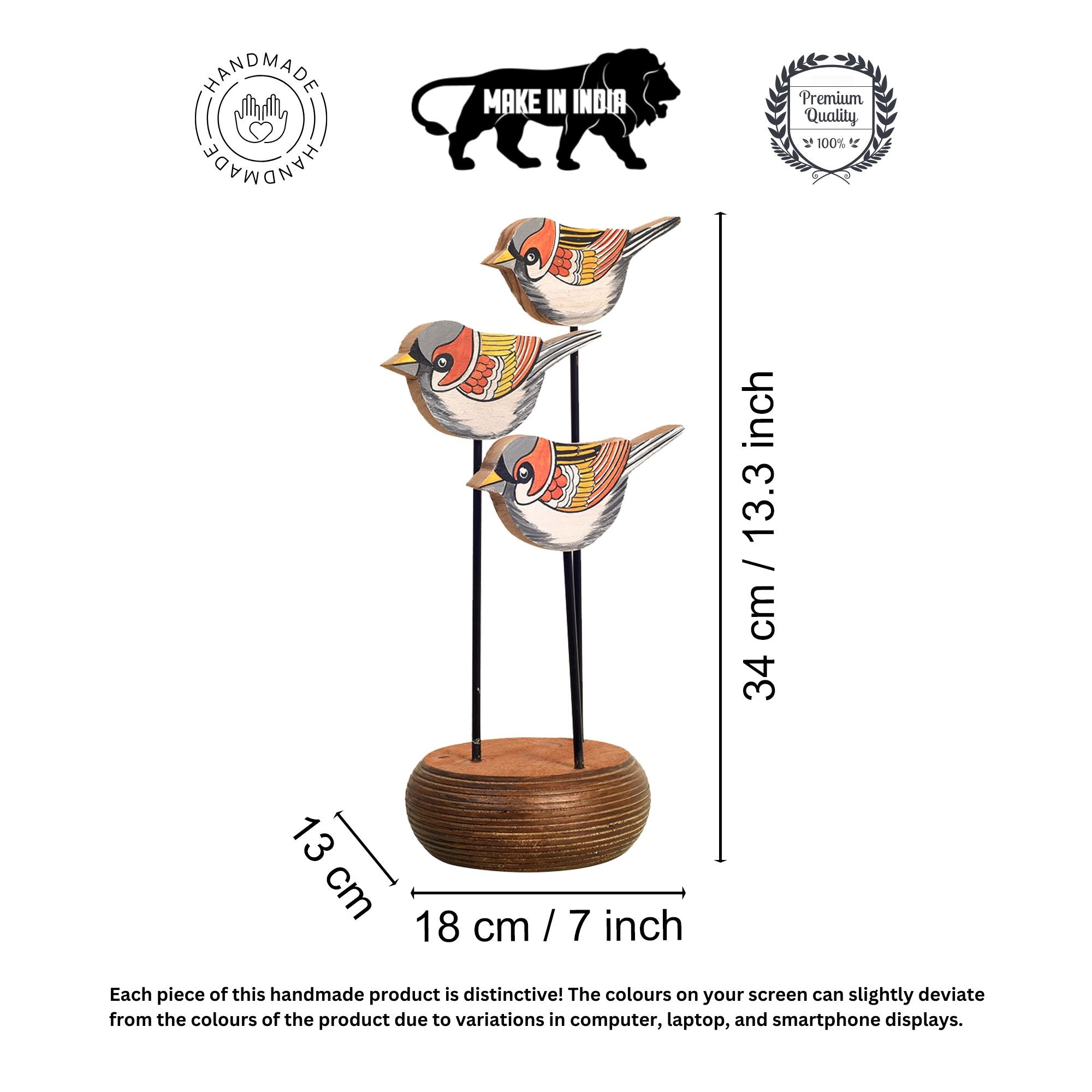 Bird-View Hand Painted Wooden Tabledecor, 3D Bird Sculpture on Wooden Base for Home and Officedecor