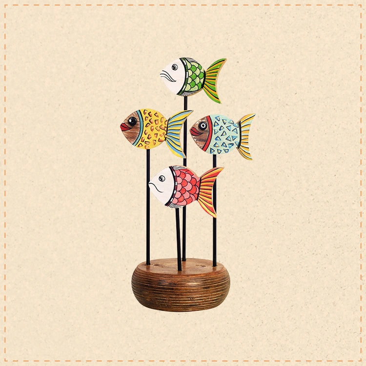 Acquarium Hand Painted Wooden Fish Tabledecor, 3D Fish Sculpture on Wooden Base for Coastal and Artistic Homedecor