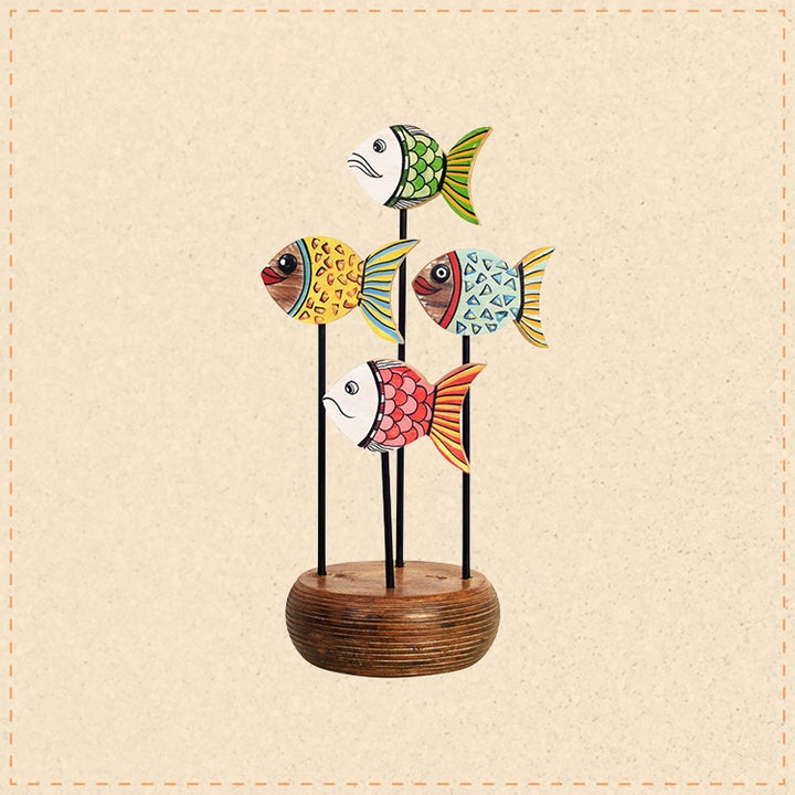 Acquarium Hand Painted Wooden Fish Tabledecor, 3D Fish Sculpture on Wooden Base for Coastal and Artistic Homedecor