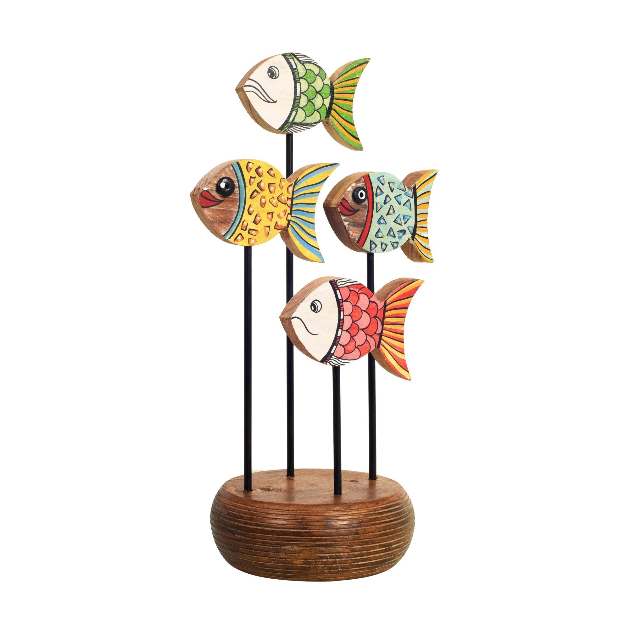 Acquarium Hand Painted Wooden Fish Tabledecor, 3D Fish Sculpture on Wooden Base for Coastal and Artistic Homedecor