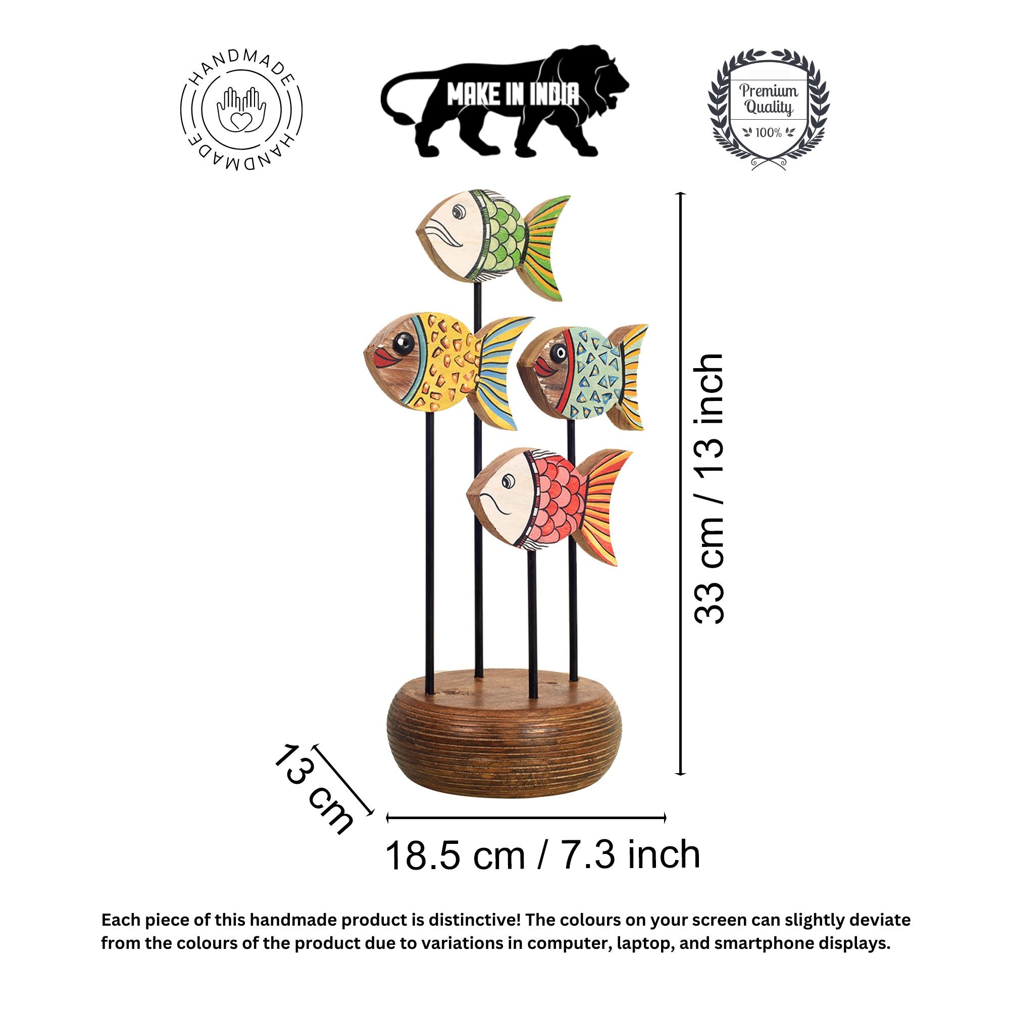 Acquarium Hand Painted Wooden Fish Tabledecor, 3D Fish Sculpture on Wooden Base for Coastal and Artistic Homedecor