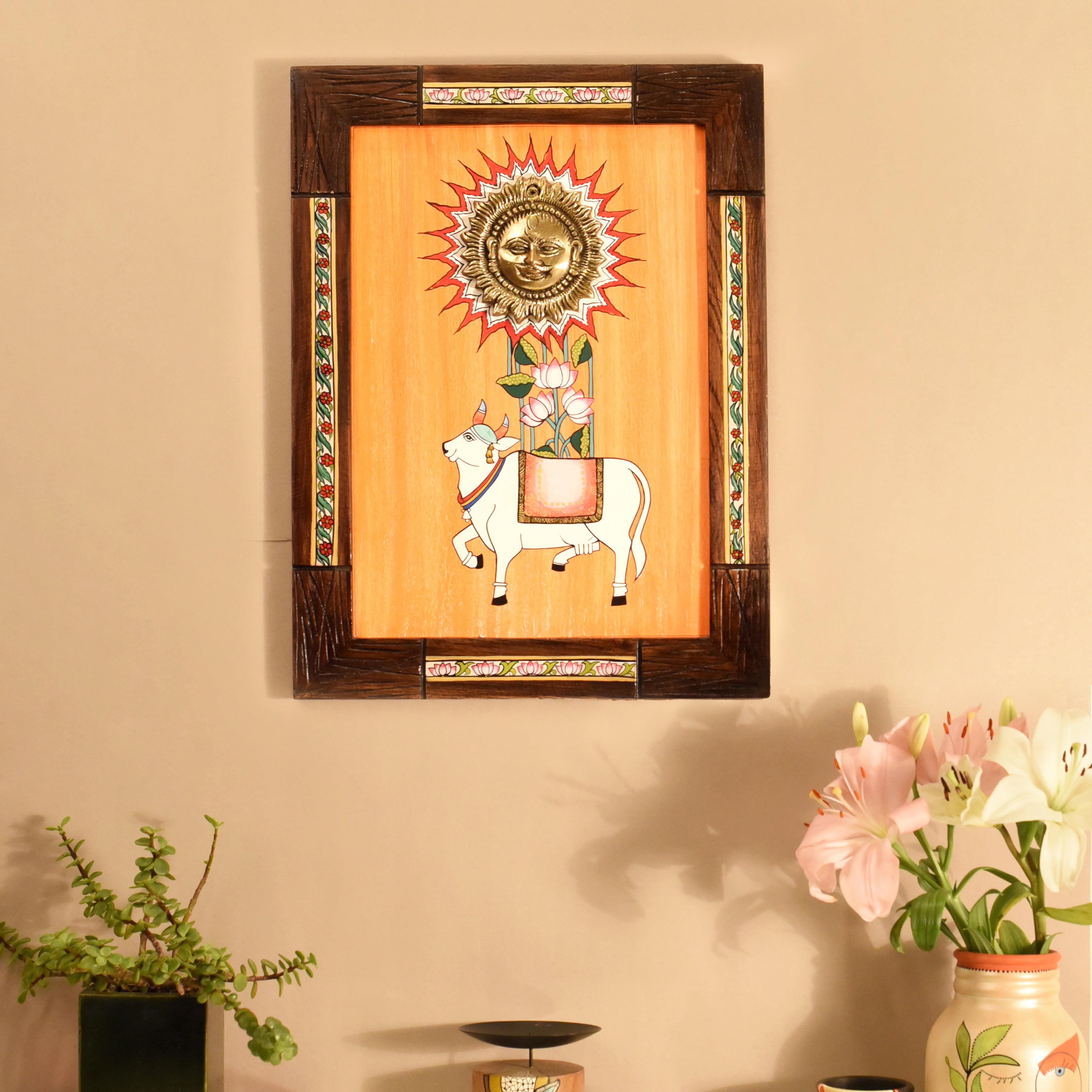 Nandi Wall Décor frame with beautiful painting of Nandi and Shiva in Brass in Backdrop