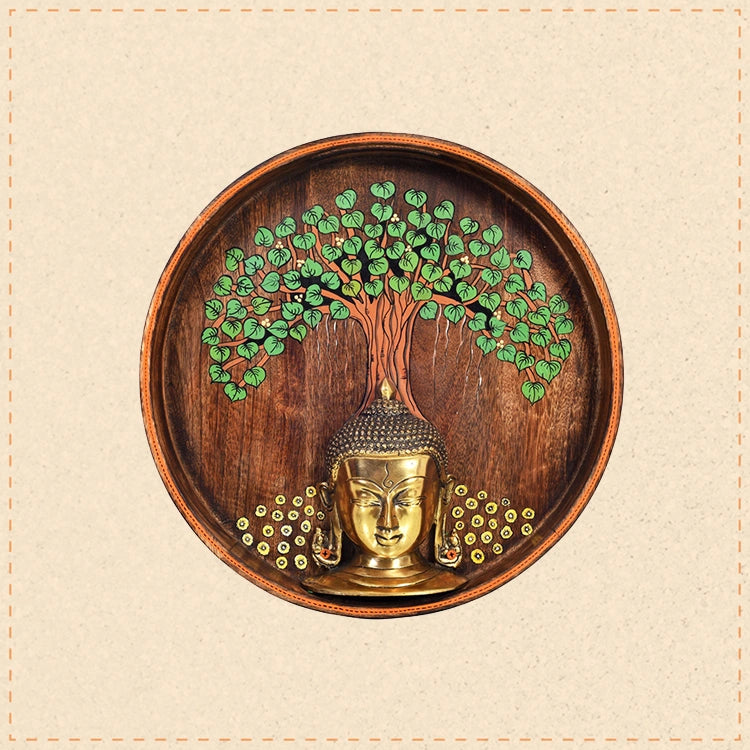 Nirvana Buddha Wall Art, Handcrafted Wooden Decor Featuring Bodhi Tree and Buddha Head for Peace and Enlightenment