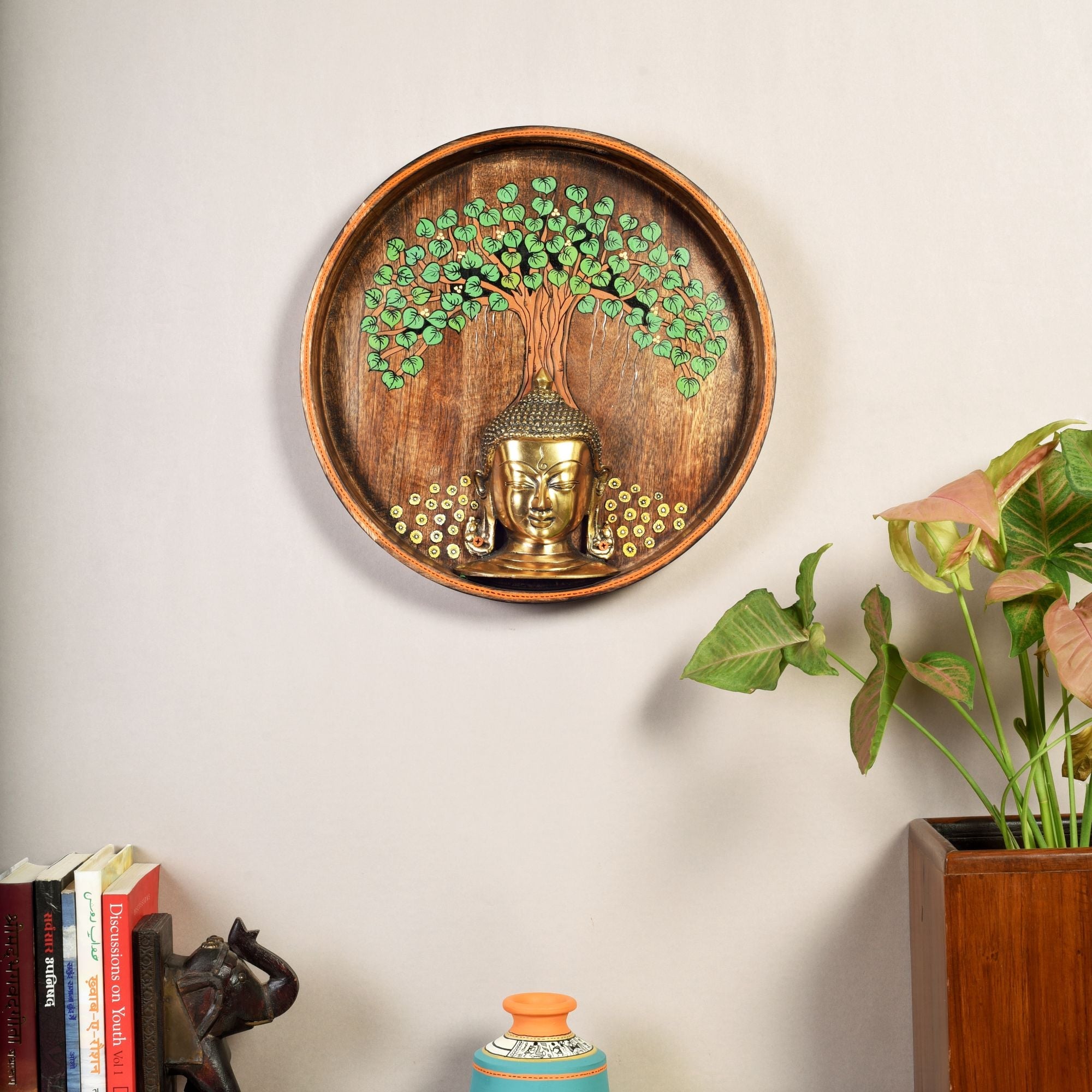 Nirvana Buddha Wall Art, Handcrafted Wooden Decor Featuring Bodhi Tree and Buddha Head for Peace and Enlightenment