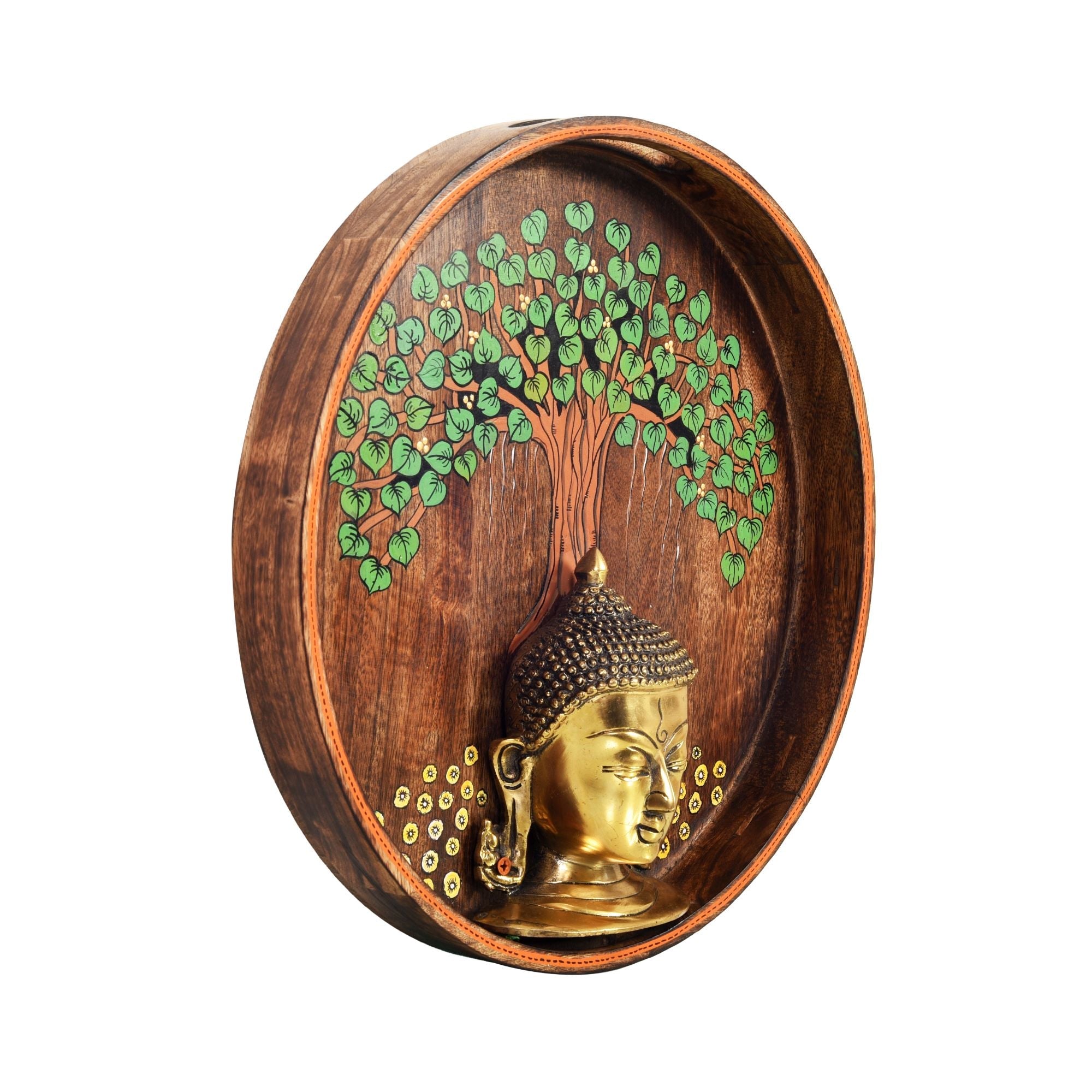 Nirvana Buddha Wall Art, Handcrafted Wooden Decor Featuring Bodhi Tree and Buddha Head for Peace and Enlightenment