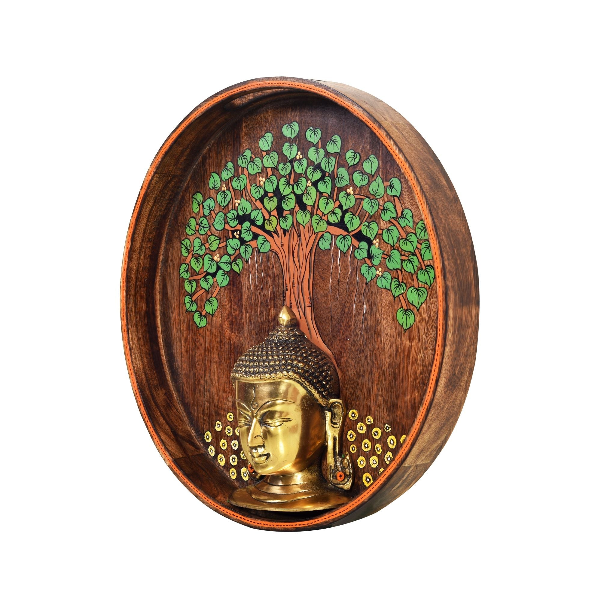 Nirvana Buddha Wall Art, Handcrafted Wooden Decor Featuring Bodhi Tree and Buddha Head for Peace and Enlightenment