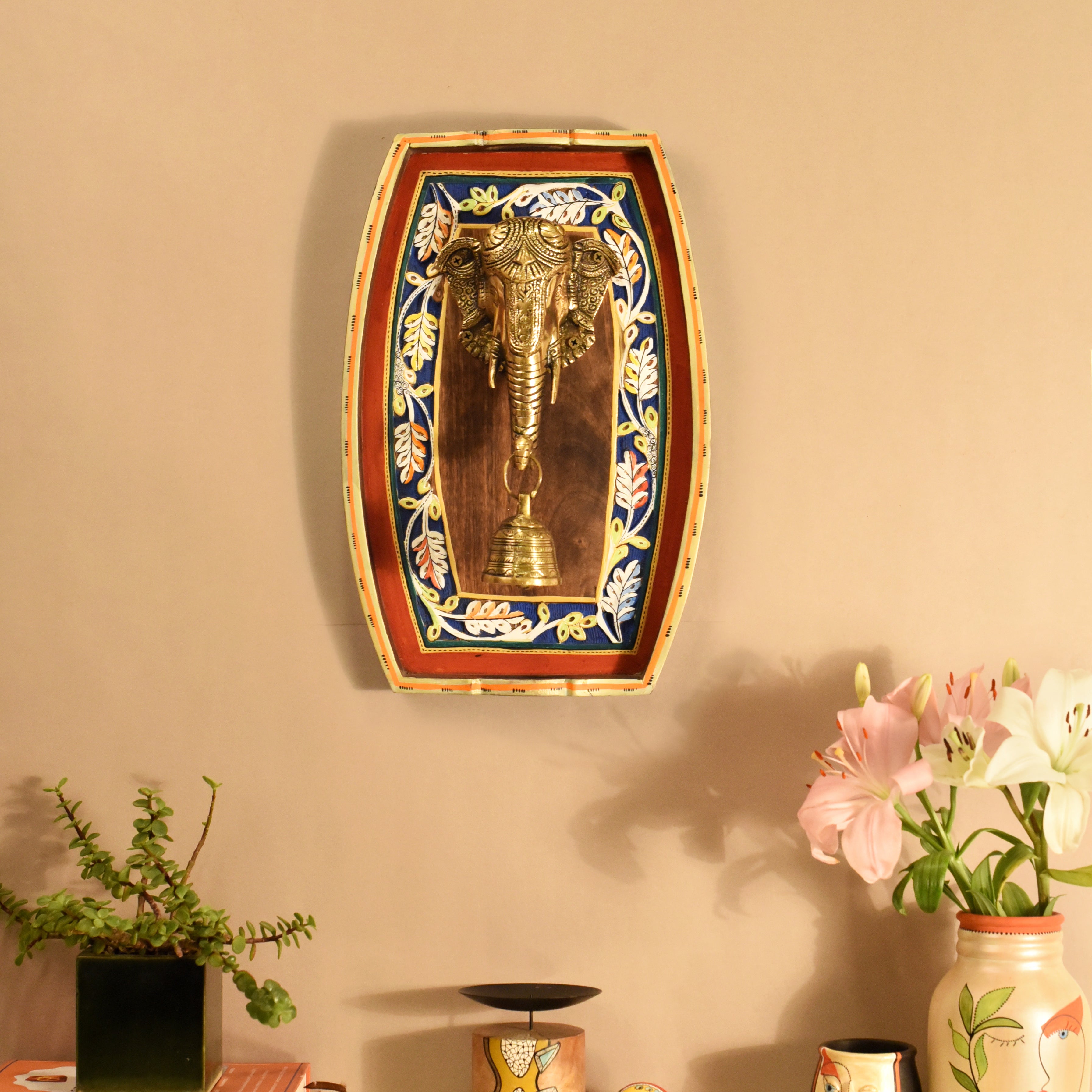 Amantran-III Wall décor frame with divine Ganesha with a bell Majestically set on a beautiful frame