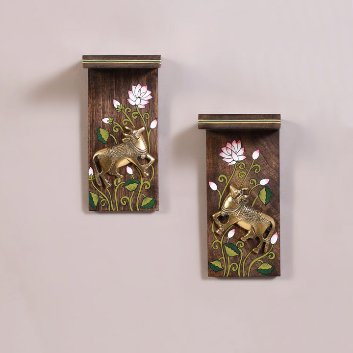 Mrig Brass Deer & Lotus Wall Bracket (Set of 2)