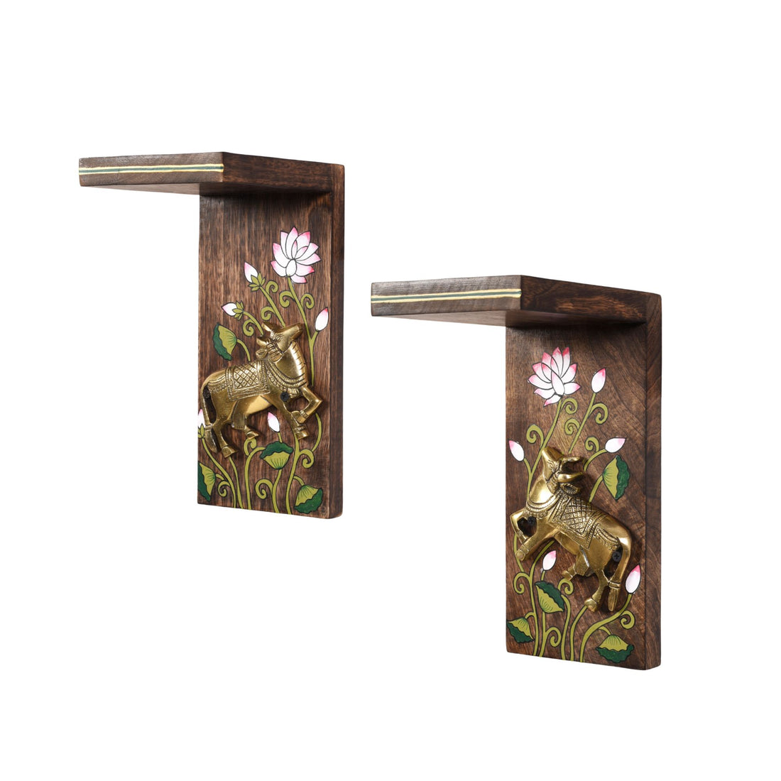 Mrig Brass Deer & Lotus Wall Bracket (Set of 2)