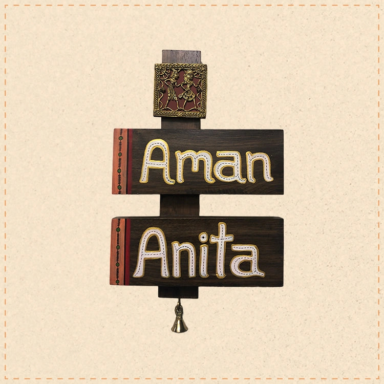 Wooden Name Plate with Dhokra Art Tile - 2 Names