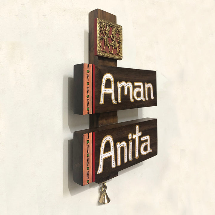 Wooden Name Plate with Dhokra Art Tile - 2 Names