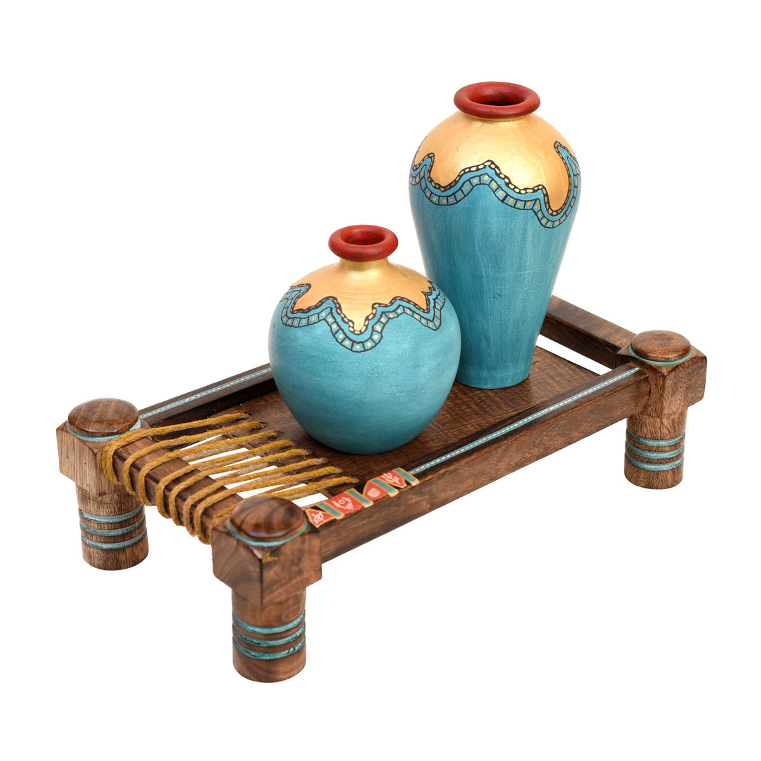 Turquoise Blue Vases (Set of 2) Decorated with Golden Glaze placed on Ethnic Charpai Stand (12.5x7x10)