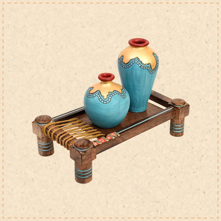 Turquoise Blue Vases (Set of 2) Decorated with Golden Glaze placed on Ethnic Charpai Stand (12.5x7x10)
