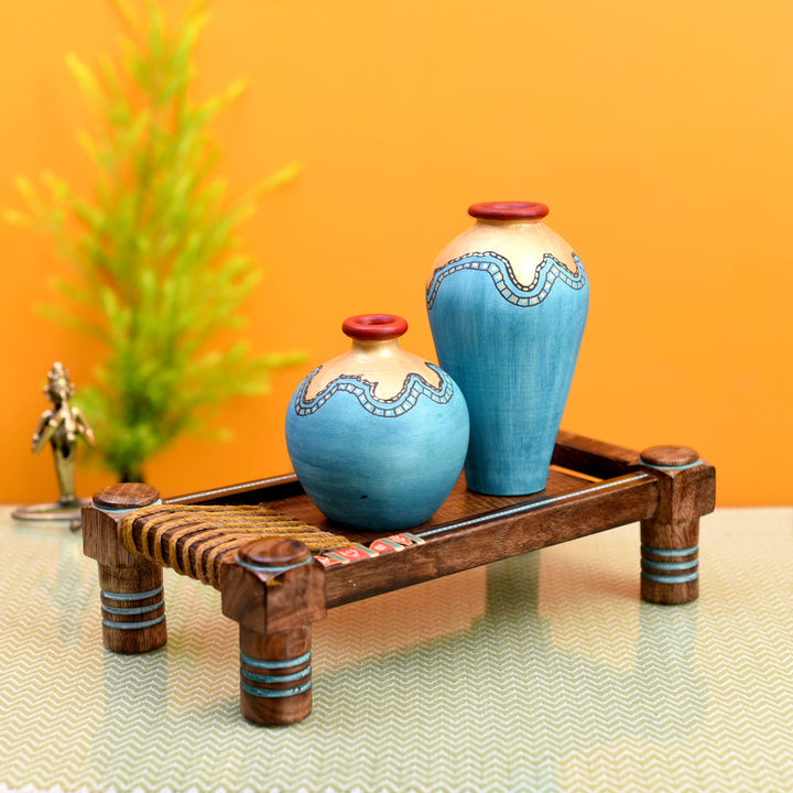 Turquoise Blue Vases (Set of 2) Decorated with Golden Glaze placed on Ethnic Charpai Stand (12.5x7x10)