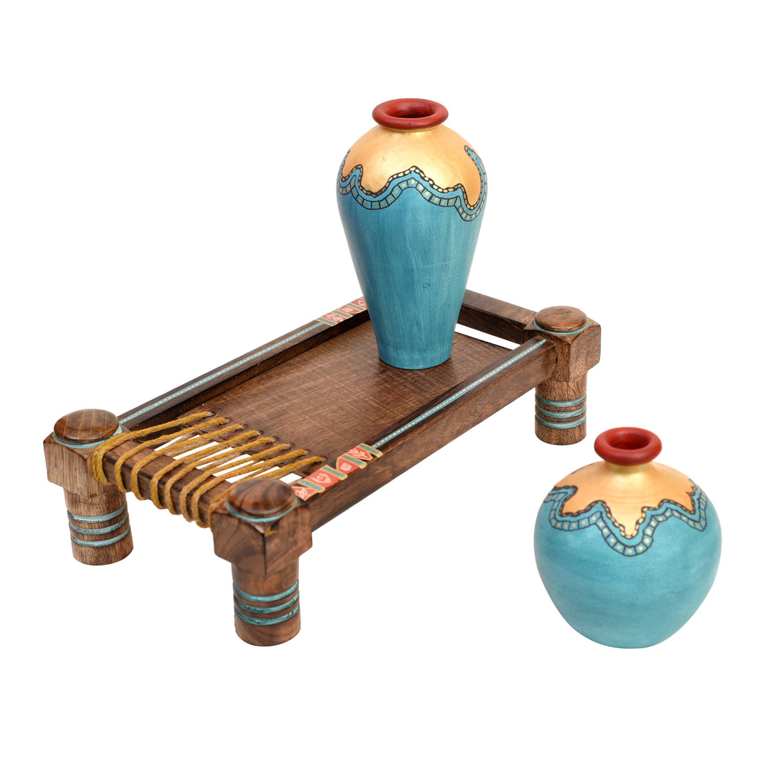 Turquoise Blue Vases (Set of 2) Decorated with Golden Glaze placed on Ethnic Charpai Stand (12.5x7x10)