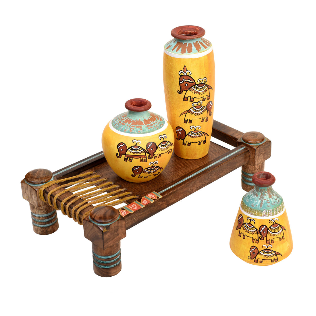 Happy Elephant Yellow Vases (Set of 3) placed on Ethnic Charpai Stand (12.5x7x10)