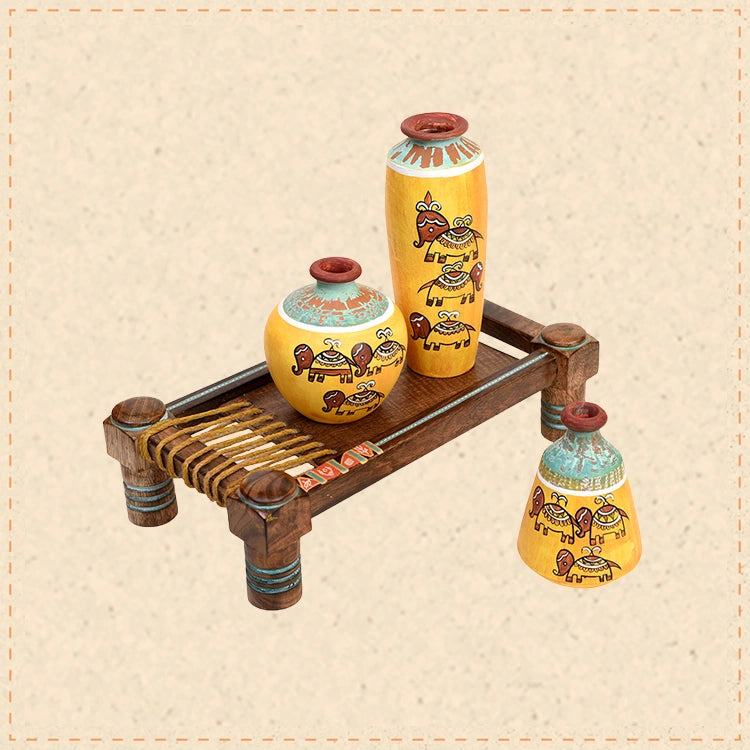 Happy Elephant Yellow Vases (Set of 3) placed on Ethnic Charpai Stand (12.5x7x10)