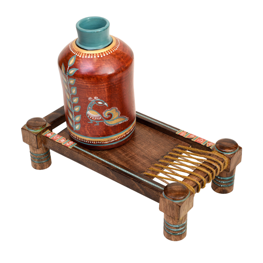 Rustic Red Madhubani Vase placed on Ethnic Charpai Stand (12.5x7x12.5)