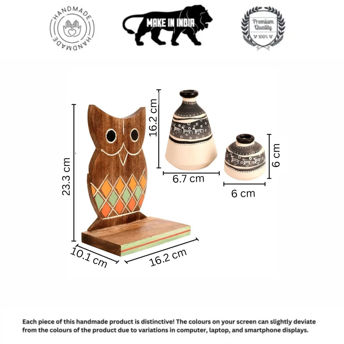 Wall Decor Owl Shelf with 2 Pots Handcrafted in Wood (6.5x4x9.2)