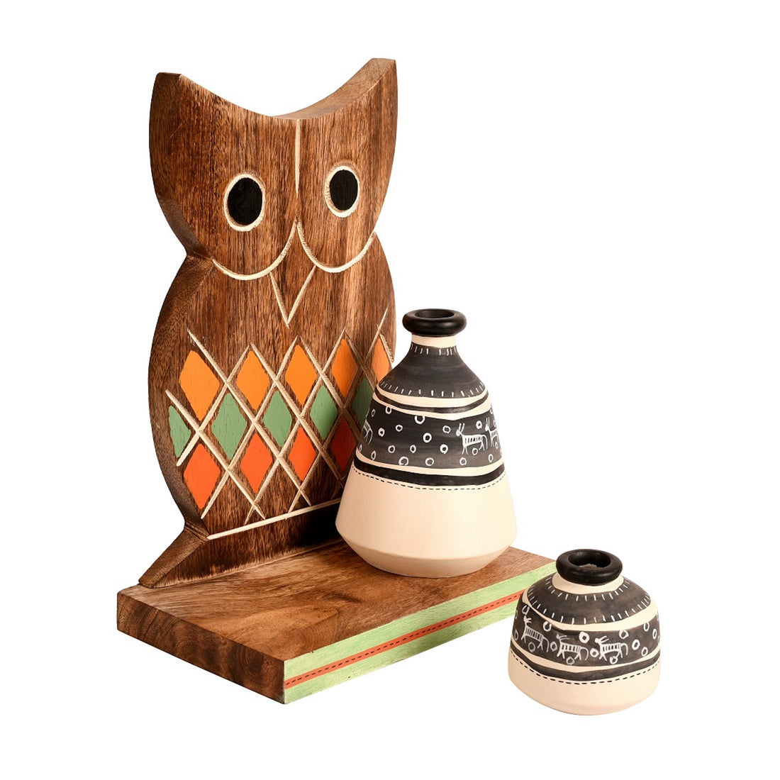 Wall Decor Owl Shelf with 2 Pots Handcrafted in Wood (6.5x4x9.2)