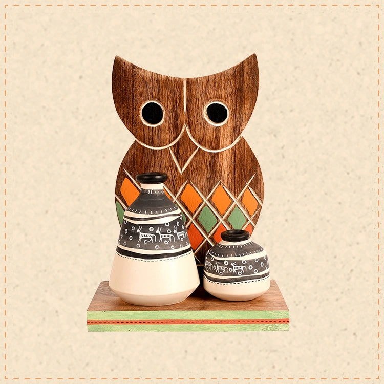Wall Decor Owl Shelf with 2 Pots Handcrafted in Wood (6.5x4x9.2)